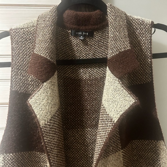 Love Tree Dark Brown Gingham Plaid Ling Cardigan Vest With Pockets - Picture 4 of 6